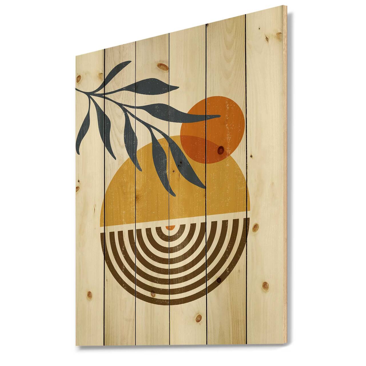 Designart - Botanical Minimalist Leaf With Abstract Shapes IV - Modern Print on Natural Pine Wood